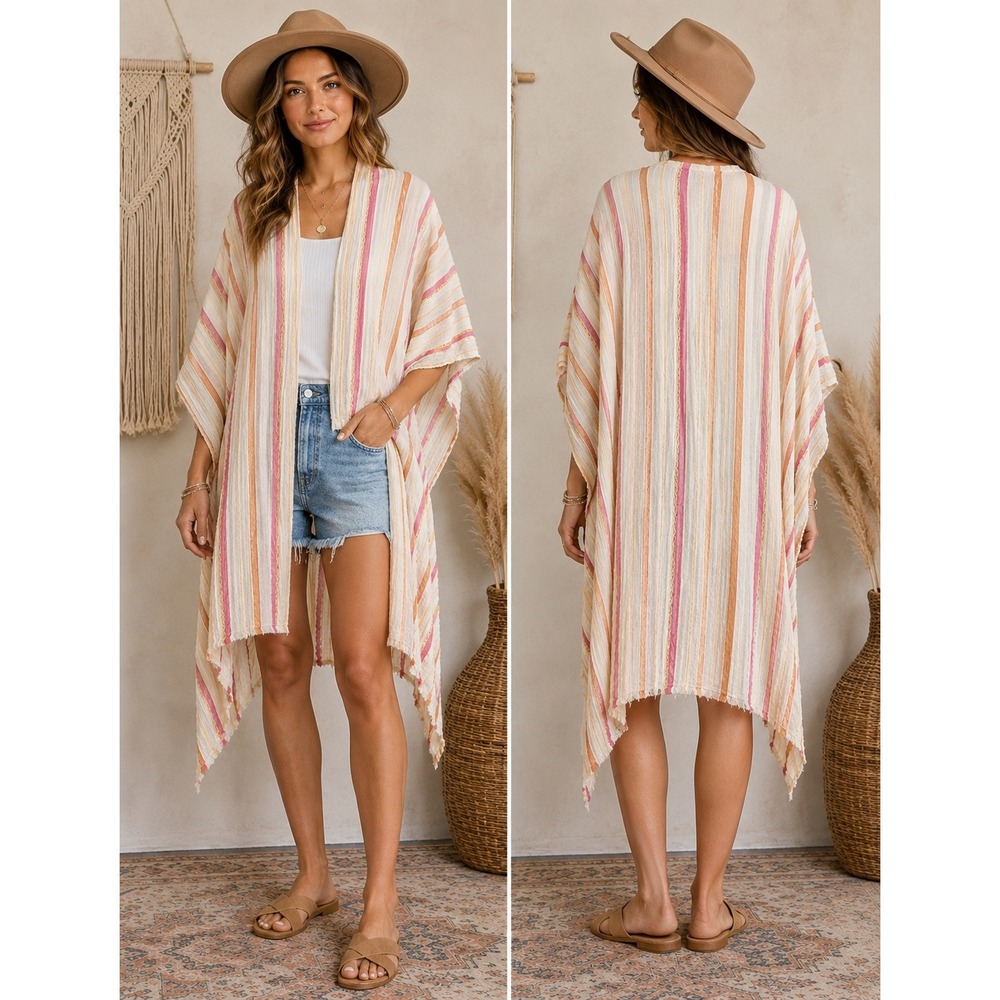 Vince Camuto Sunset Striped Gauze Kimono‎ Cover Up Metallic Accents O/S V4612328